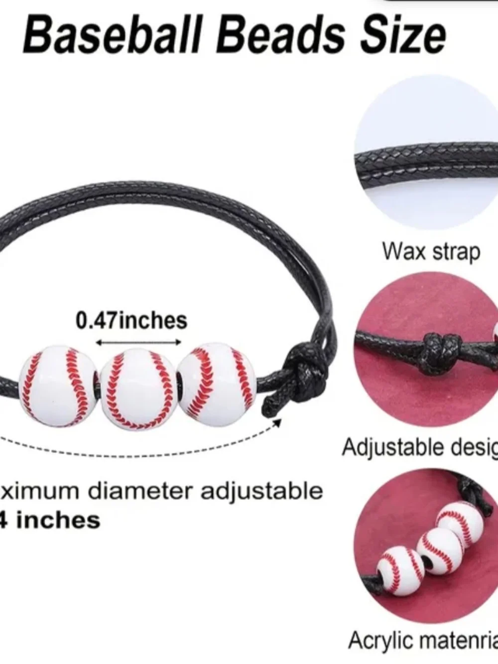Kids Black Cord Bracelet with White Baseball Beads - Sporty Accessory